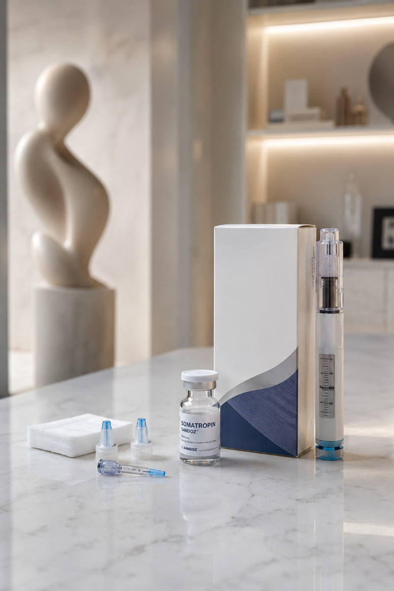 Close-up of Omnitrope vial and syringe next to a fitness tracking device